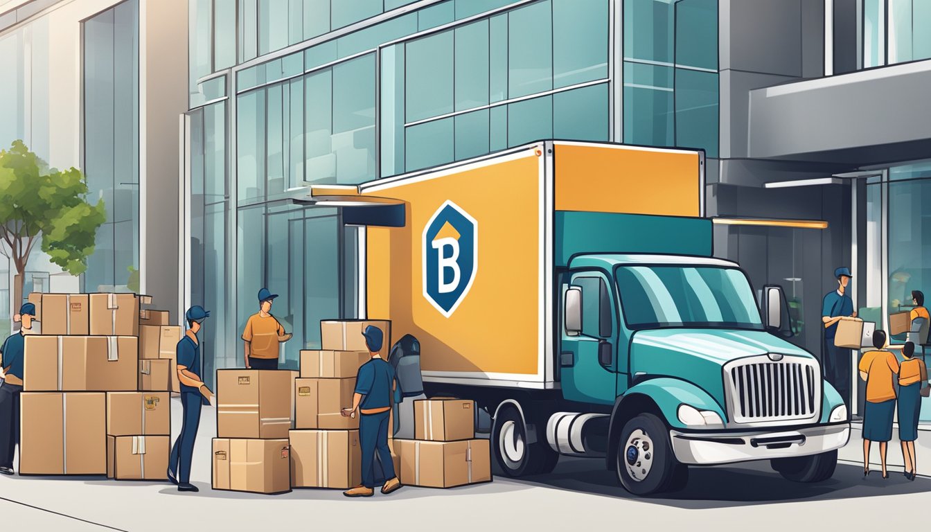 A delivery truck unloading packages at a corporate office, with the BespokeGifts.com.sg logo on the boxes. The office is bustling with employees receiving and reviewing the gifts