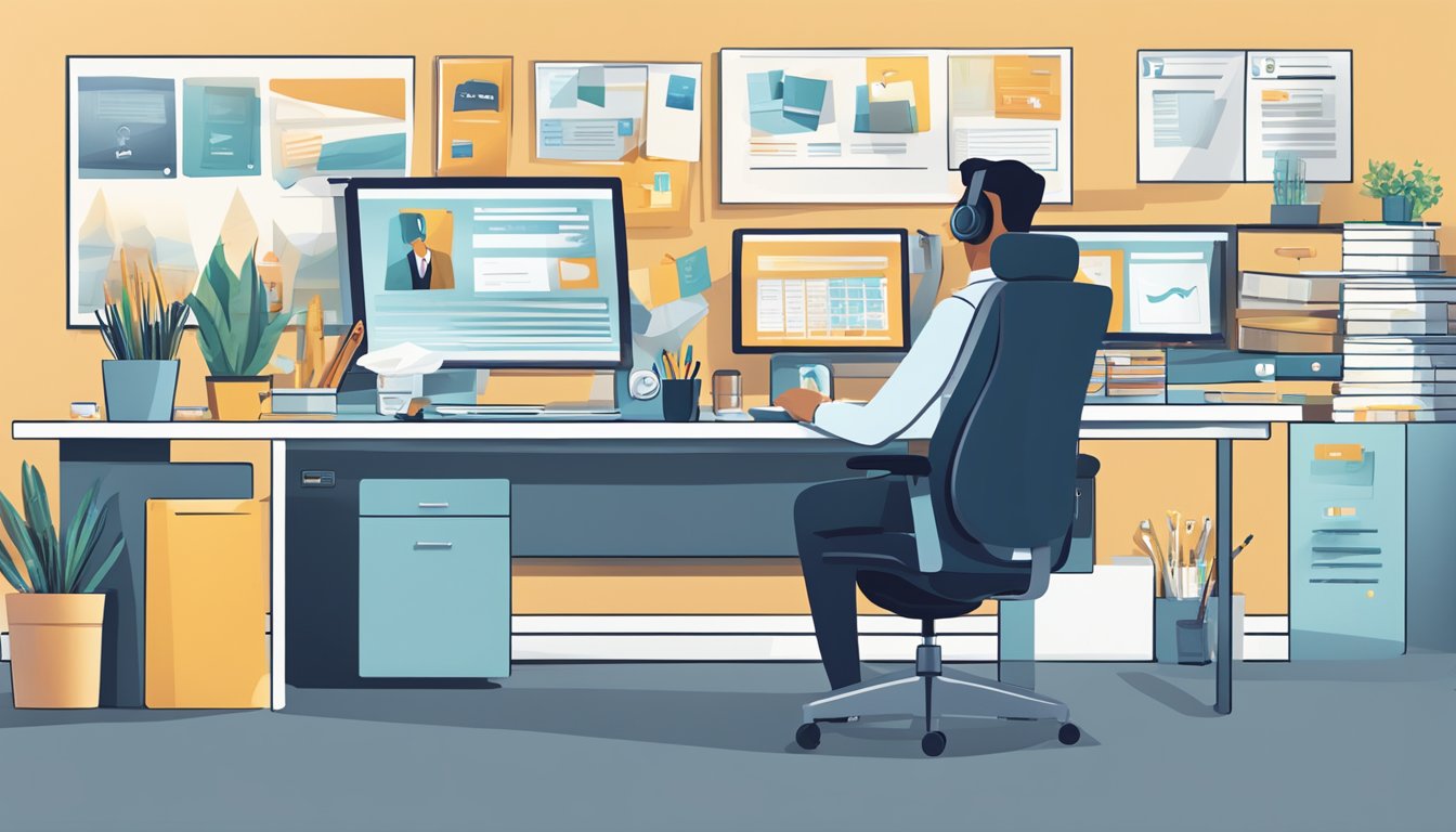 A sleek, modern office setting with a desk adorned with branded corporate gifts, a computer screen displaying positive customer reviews, and a customer service representative assisting a client over the phone