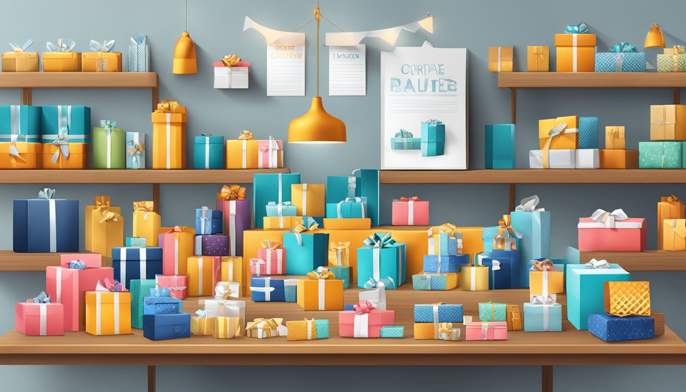 A table displaying a variety of corporate gifts with price tags, surrounded by shelves filled with value-packed products