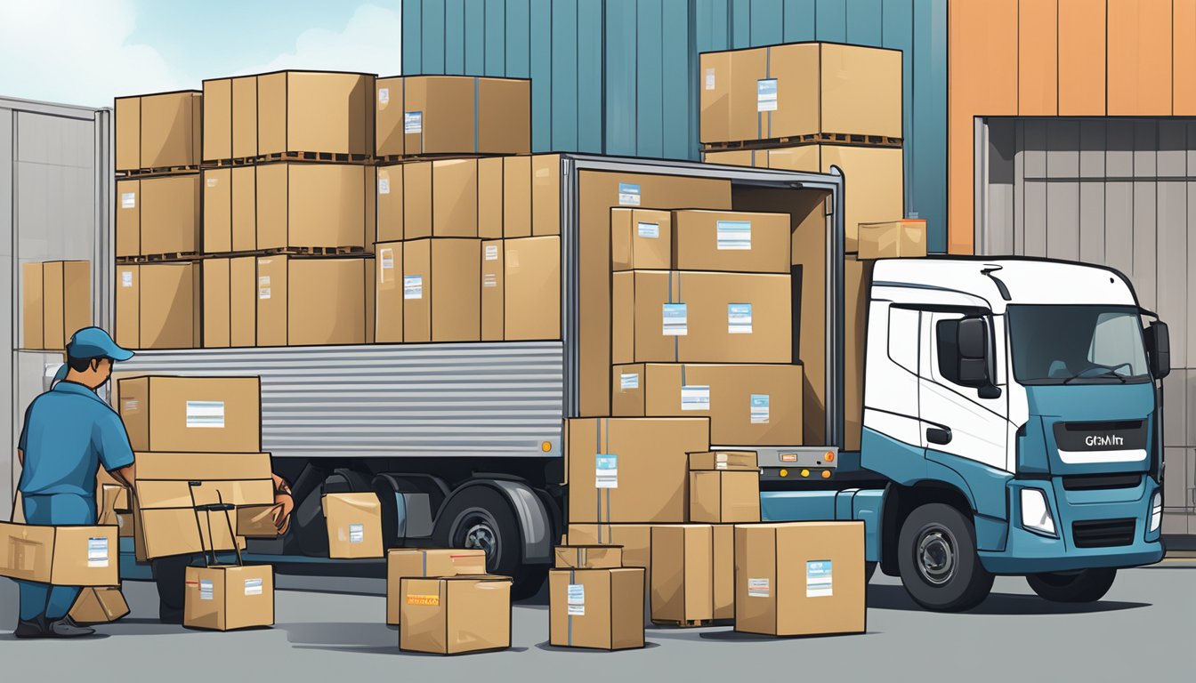 A stack of corporate gifts being loaded onto a shipping truck outside the Goldlink Asia Distribution Pte Ltd warehouse in Singapore