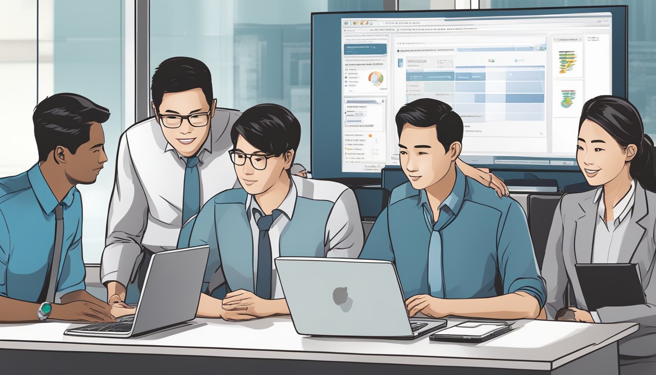 A group of employees gather around a computer, discussing and reviewing the corporate gifts offered on BespokeGifts.com.sg, with various gift options displayed on the screen