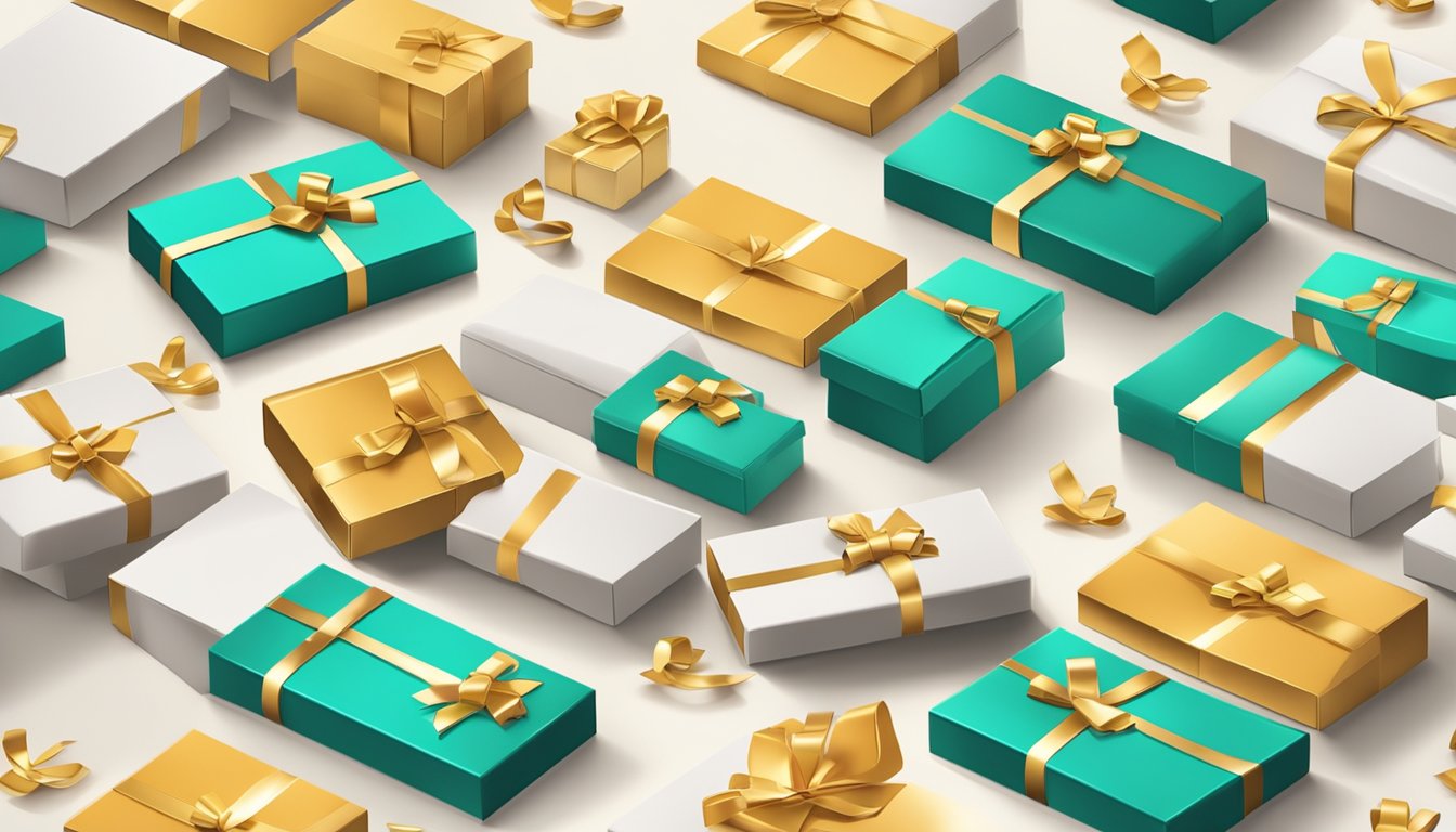 A corporate logo embossed on a sleek, high-quality pen. A stack of elegant gift boxes with gold ribbon. A satisfied customer's smile