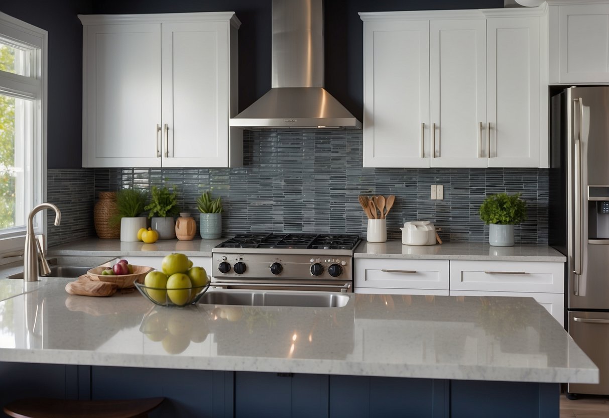 A kitchen with updated cabinets, new hardware, and modern lighting. Countertops are replaced with sleek, durable materials. A backsplash adds a pop of color and texture. Appliances are upgraded for a cohesive, contemporary look