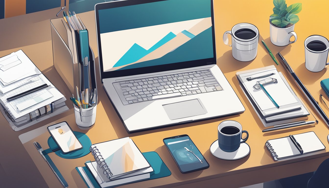 A table with various corporate gifts displayed, including branded mugs, notebooks, and tech accessories. Bright, modern office setting with logo prominently featured