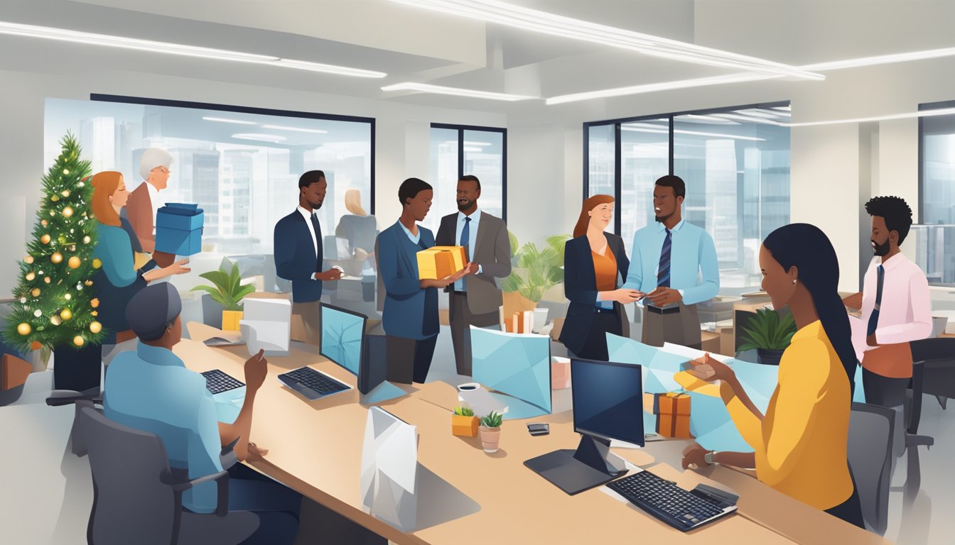 A group of professional-looking individuals exchanging corporate gifts in an office setting. The gifts are branded with the Sagana-Ideas.com logo
