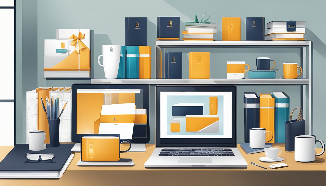 A variety of corporate gifts displayed on sleek shelves, including branded mugs, elegant notebooks, and stylish desk accessories
