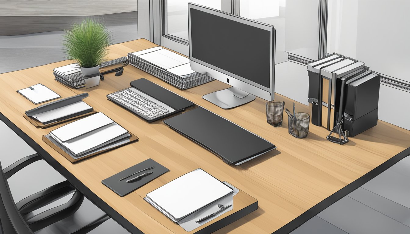 A sleek, modern office desk adorned with high-quality corporate gifts from Sagana-Ideas.com. Each item exudes craftsmanship and attention to detail, reflecting the company's commitment to excellence