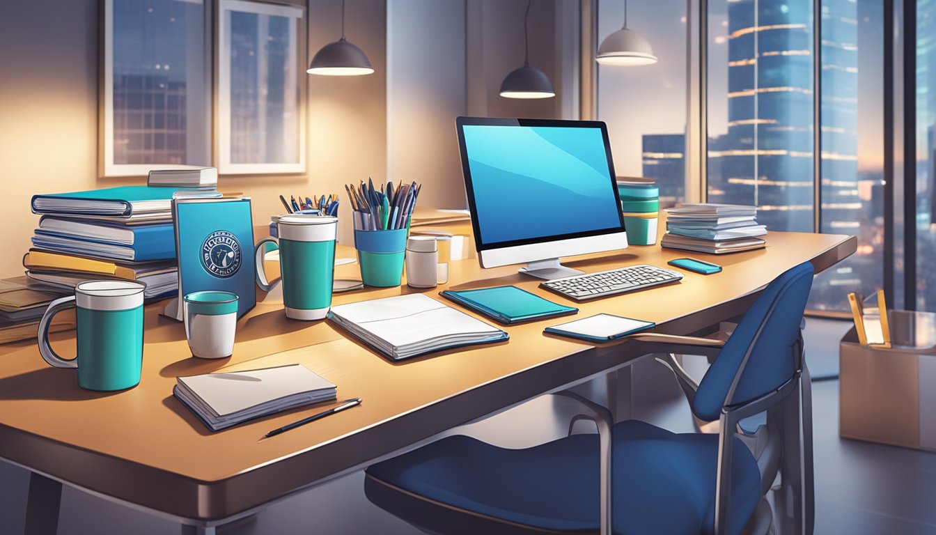 A table with branded corporate gifts, such as mugs and notebooks, displayed under bright lights in a professional office setting