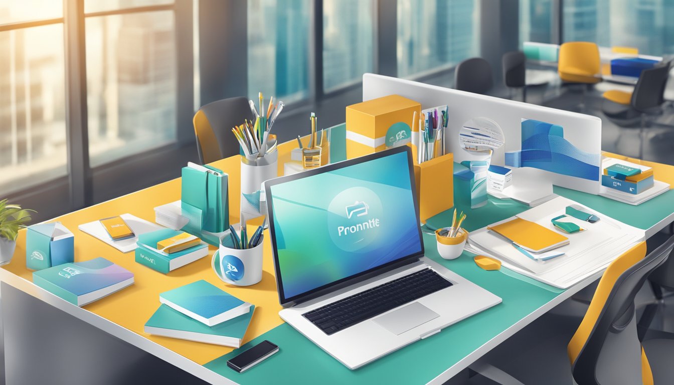 A table with branded corporate gifts displayed, logo prominently featured. Bright, modern office setting with professional atmosphere