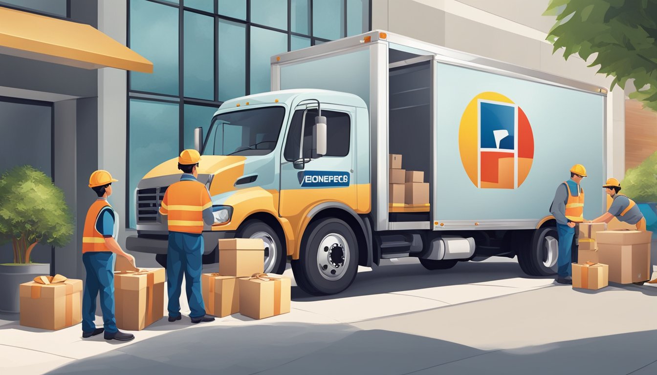 A delivery truck parked outside a corporate office, with workers unloading boxes of branded gifts. The company's logo is prominent on the packaging