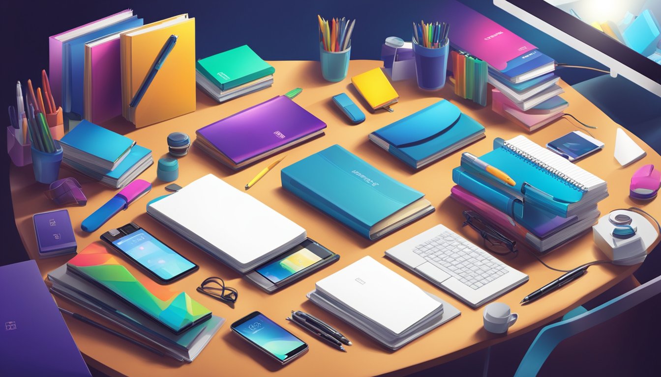 A table filled with various corporate gifts, including branded pens, notebooks, and electronic gadgets, displayed under bright lighting