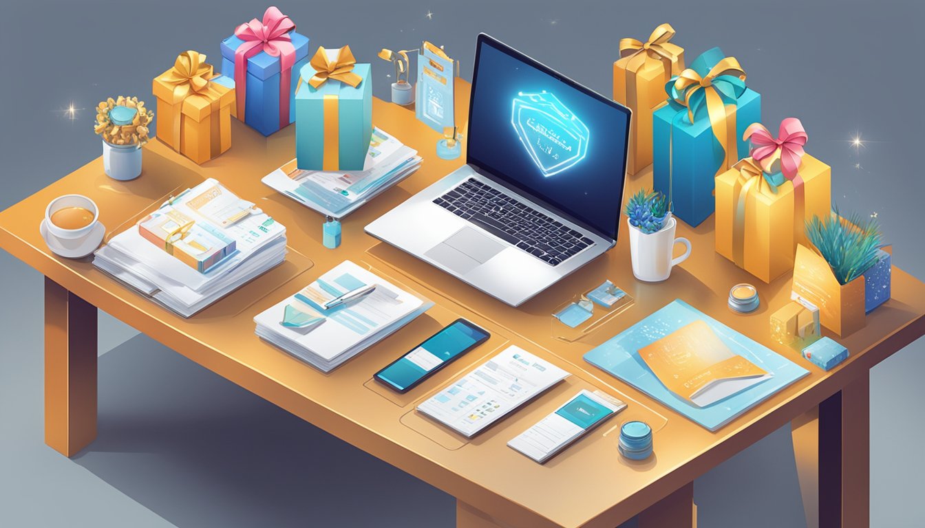 A table adorned with elegant corporate gifts, surrounded by glowing price tags and value indicators. LuminousPrinting.com.sg logo prominently displayed