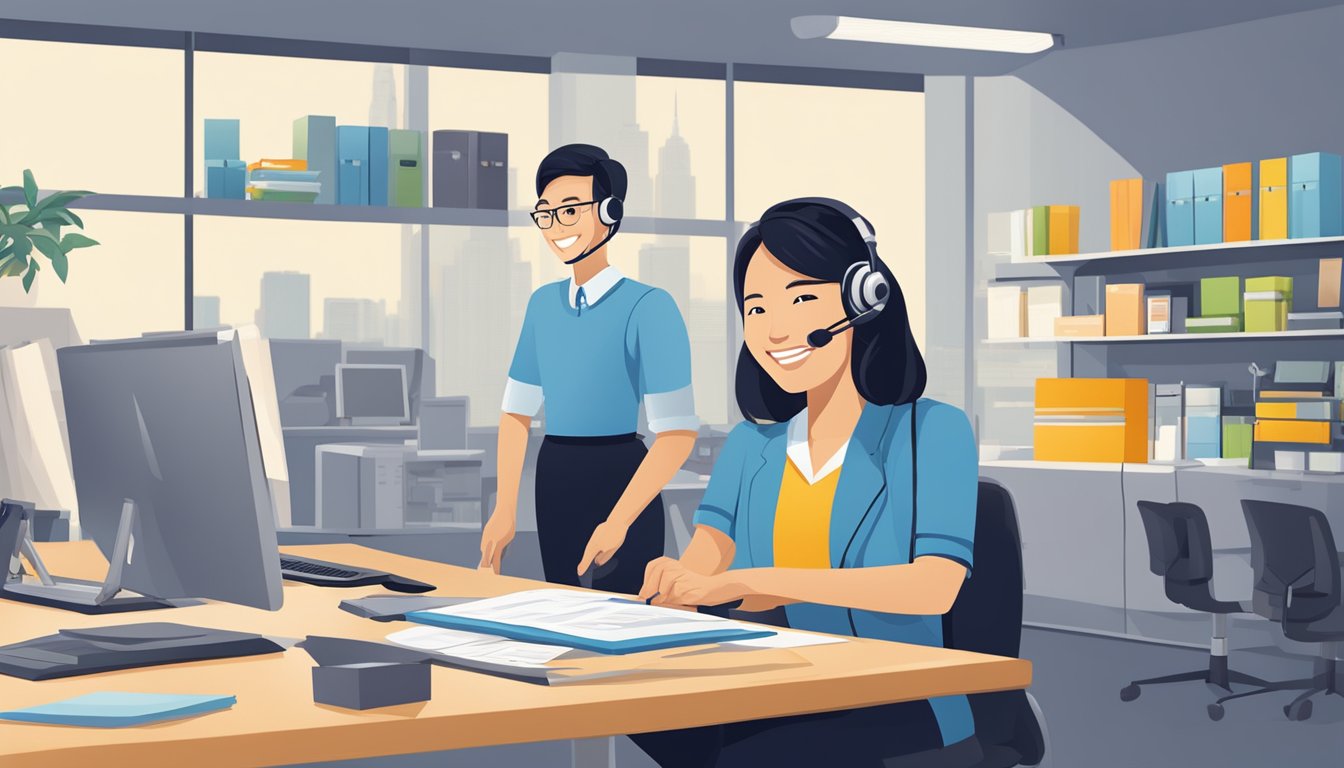 A customer service representative at LuminousPrinting.com.sg reviews corporate gifts with a satisfied client. The representative smiles as they showcase the high-quality products to the client