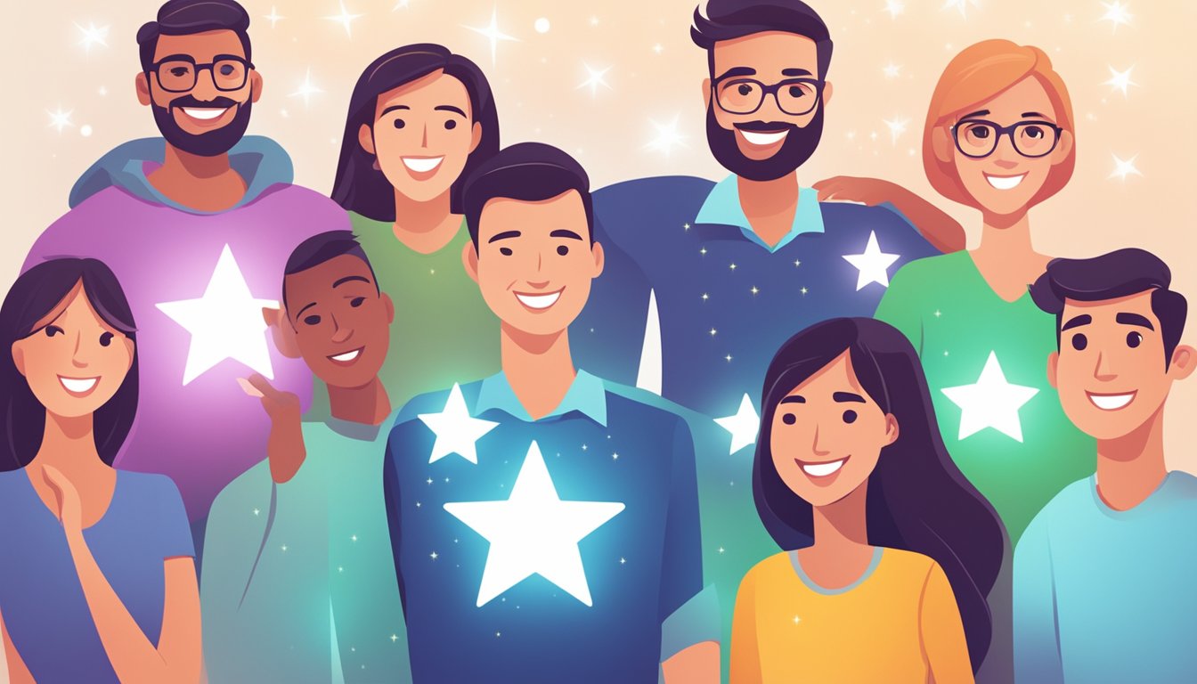 A group of satisfied customers leave glowing reviews on LuminousPrinting.com.sg corporate gifts. Bright stars and positive comments float around the website