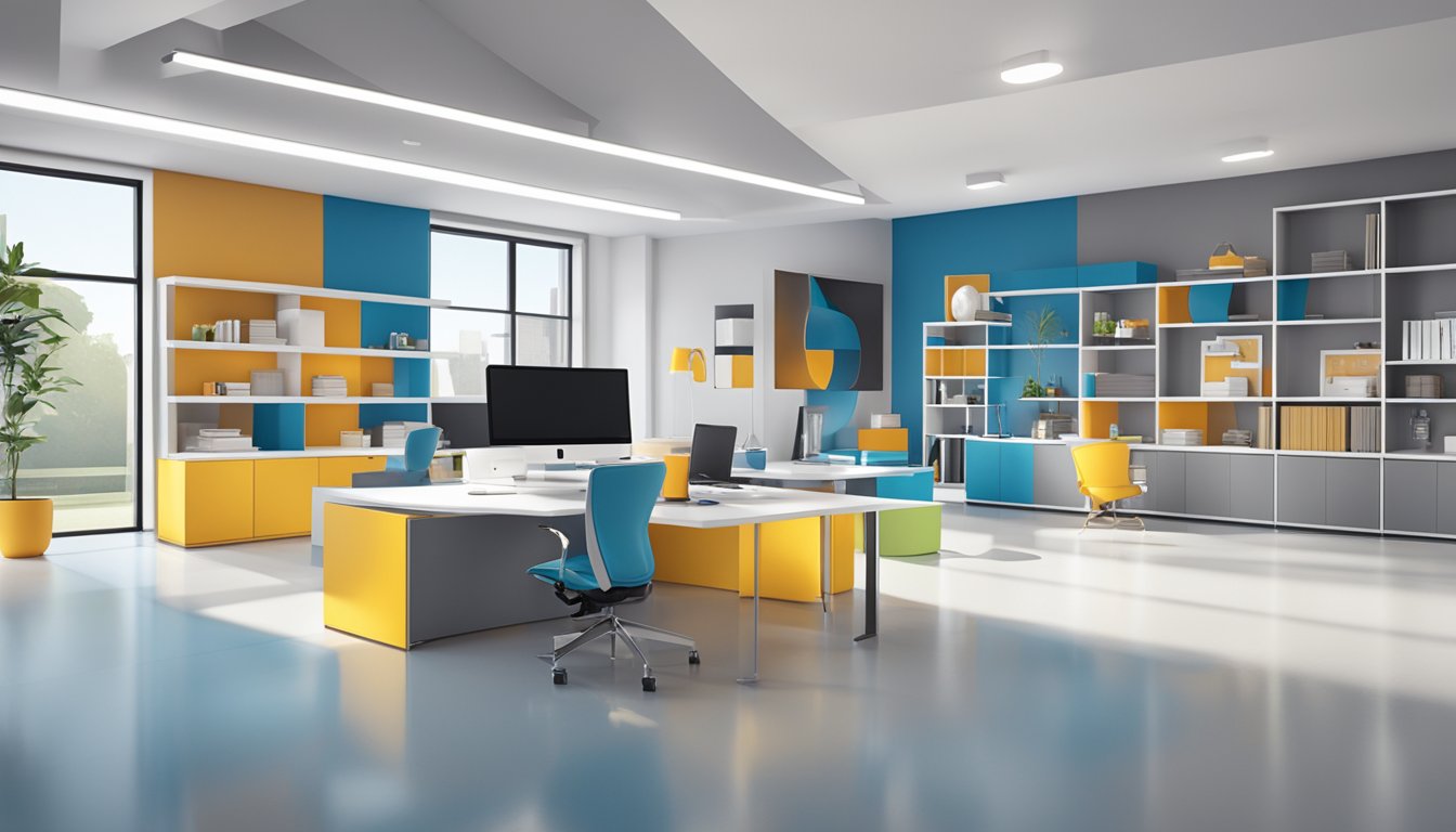 A sleek, modern office space with branded corporate gifts displayed on shelves and tables. The company logo prominently featured on the wall