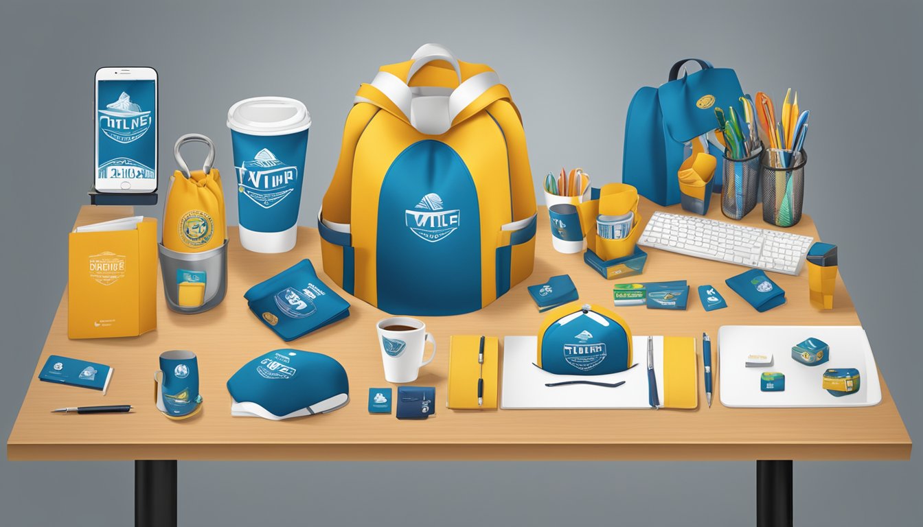 A table displaying a variety of corporate gifts, including branded merchandise and custom items, with the company's logo prominently featured