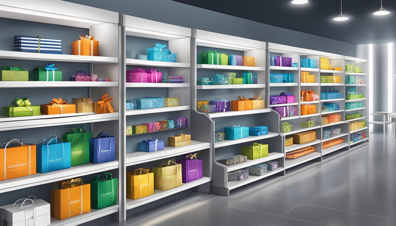 A variety of corporate gifts displayed on sleek shelves with the company logo prominently featured. Bright lighting highlights the products