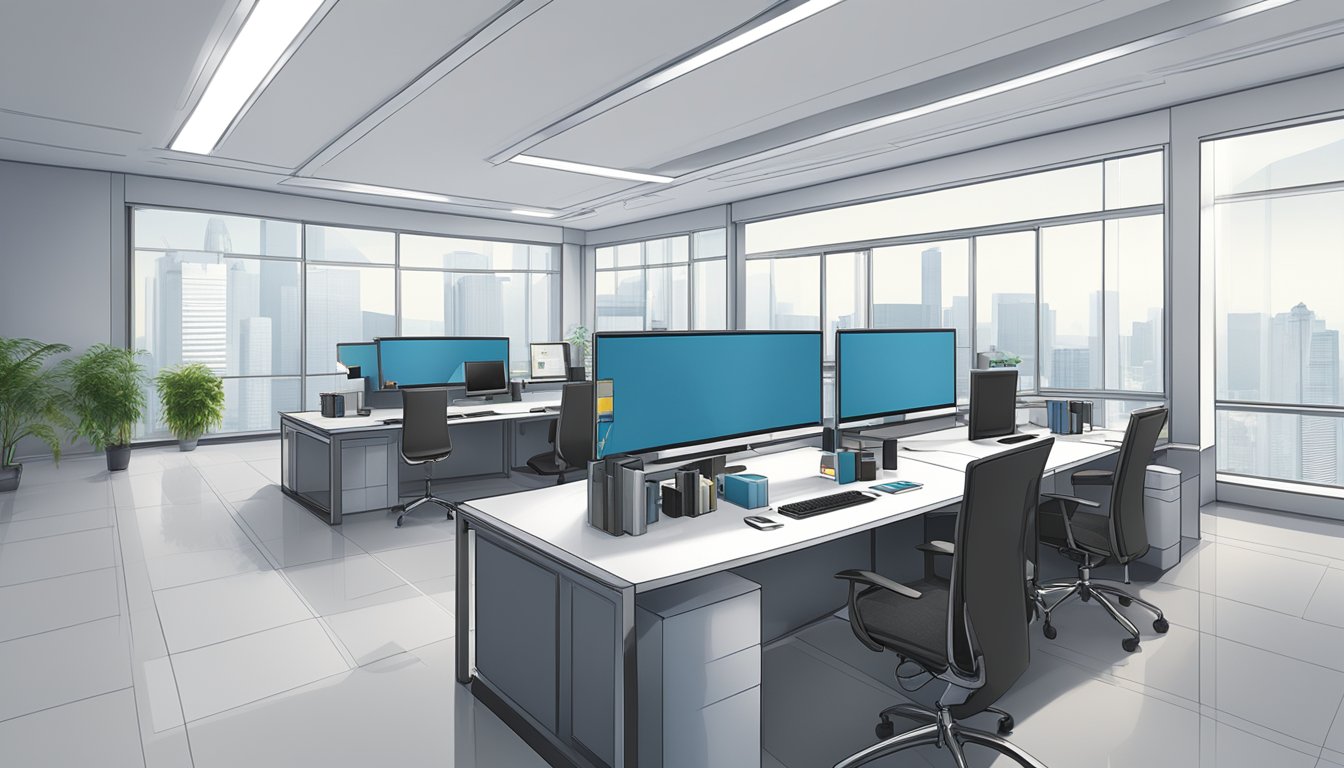 A sleek, modern office setting with AXTRO Pte Ltd logo prominently displayed on corporate gifts and merchandise. Bright, professional atmosphere with a focus on quality and innovation