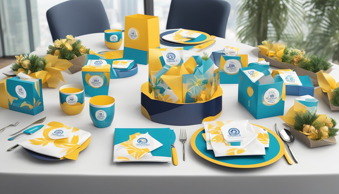 A table adorned with elegant corporate gifts, branded with the JMD Pacific Pte Ltd logo, displayed in a professional setting in Singapore