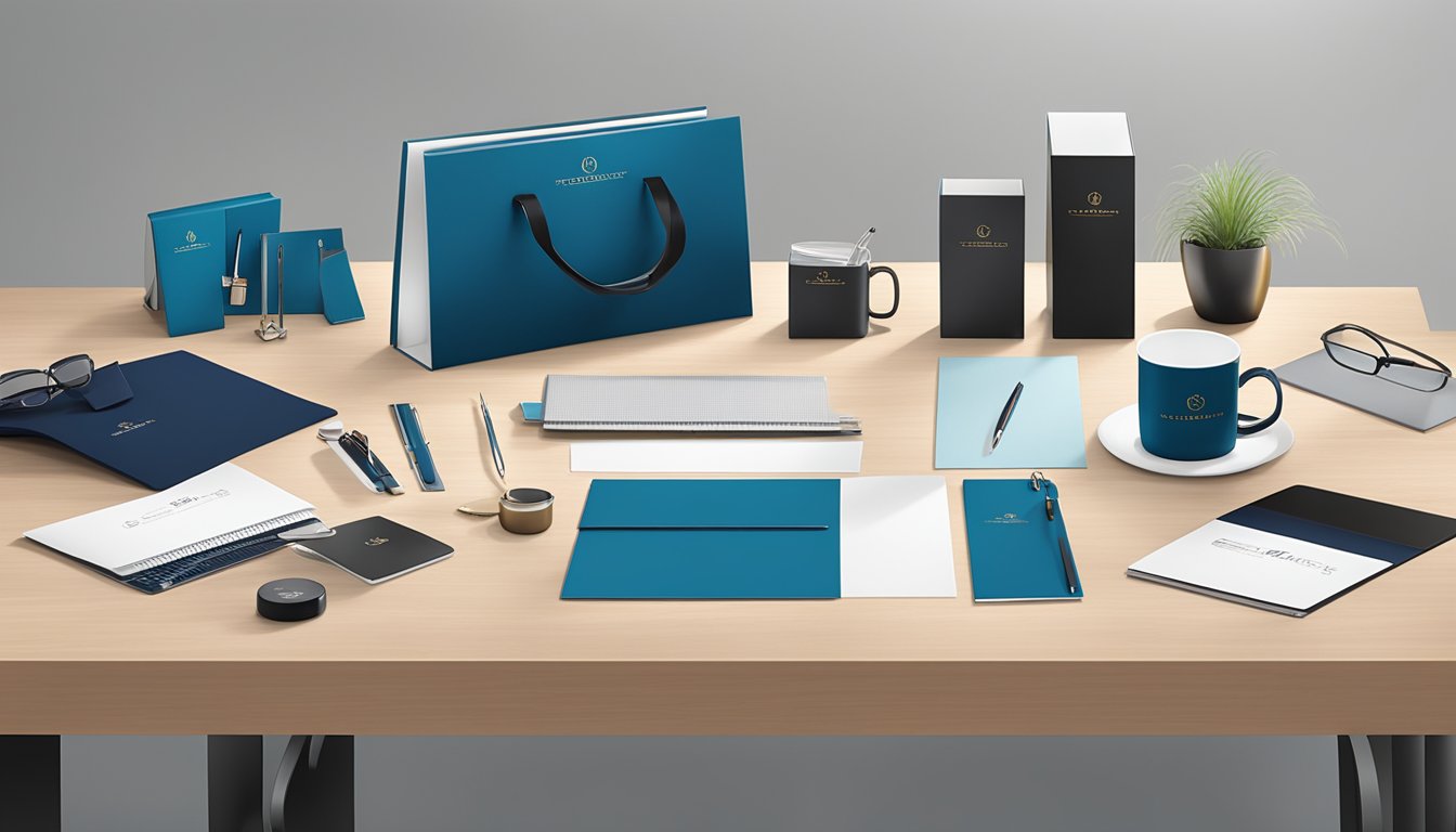 A table adorned with a variety of corporate gifts, including custom-branded items, luxury executive gifts, and practical office accessories. The backdrop features a sleek and modern office setting, with branding prominently displayed