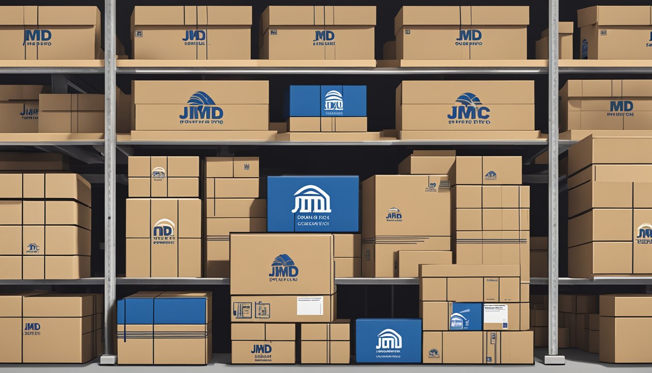 A stack of branded corporate gifts sits on a warehouse shelf, ready for shipping. Boxes are labeled with the JMD Pacific Pte Ltd logo