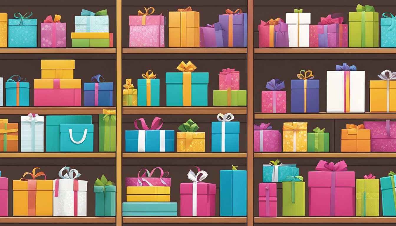 A colorful array of corporate gifts displayed on shelves, with the JMD Pacific Pte Ltd logo prominently featured. Bright packaging and sleek designs catch the eye