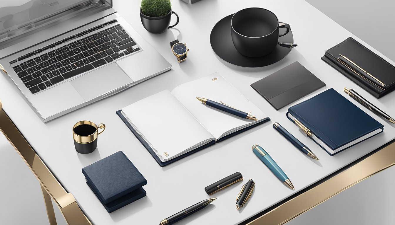 A sleek, modern office desk showcases a collection of high-quality corporate gifts, including elegant pens, luxurious leather notebooks, and precision-crafted metal accessories