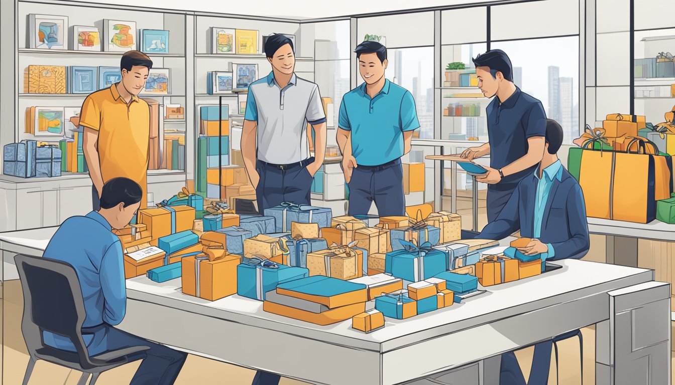 A table displaying various corporate gifts with price tags, surrounded by satisfied customers reviewing AXTRO Pte Ltd's products