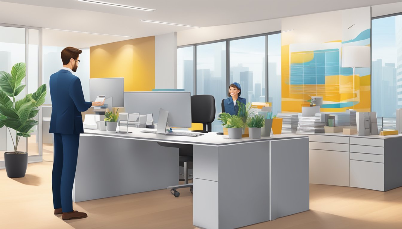 A corporate office setting with branded gifts displayed on a table. A customer service representative assists a client with a smile