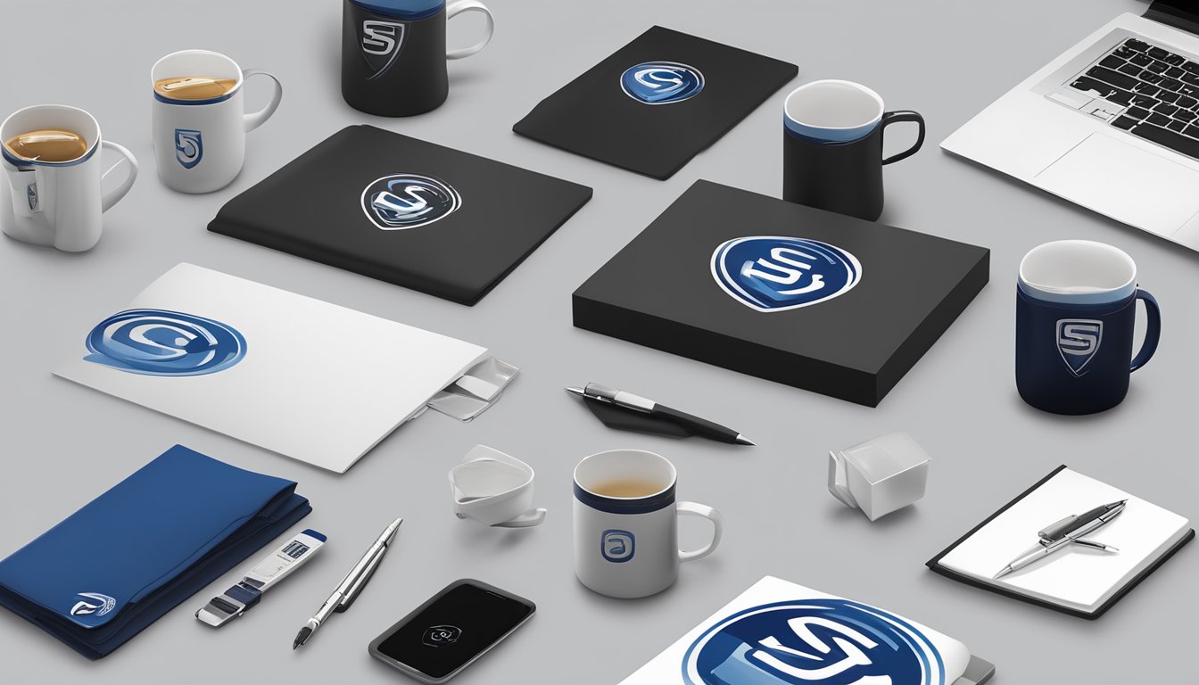 A table adorned with various corporate gifts, logo-branded mugs, pens, and tech accessories. A sleek backdrop with the SGCorporateGifts.com logo