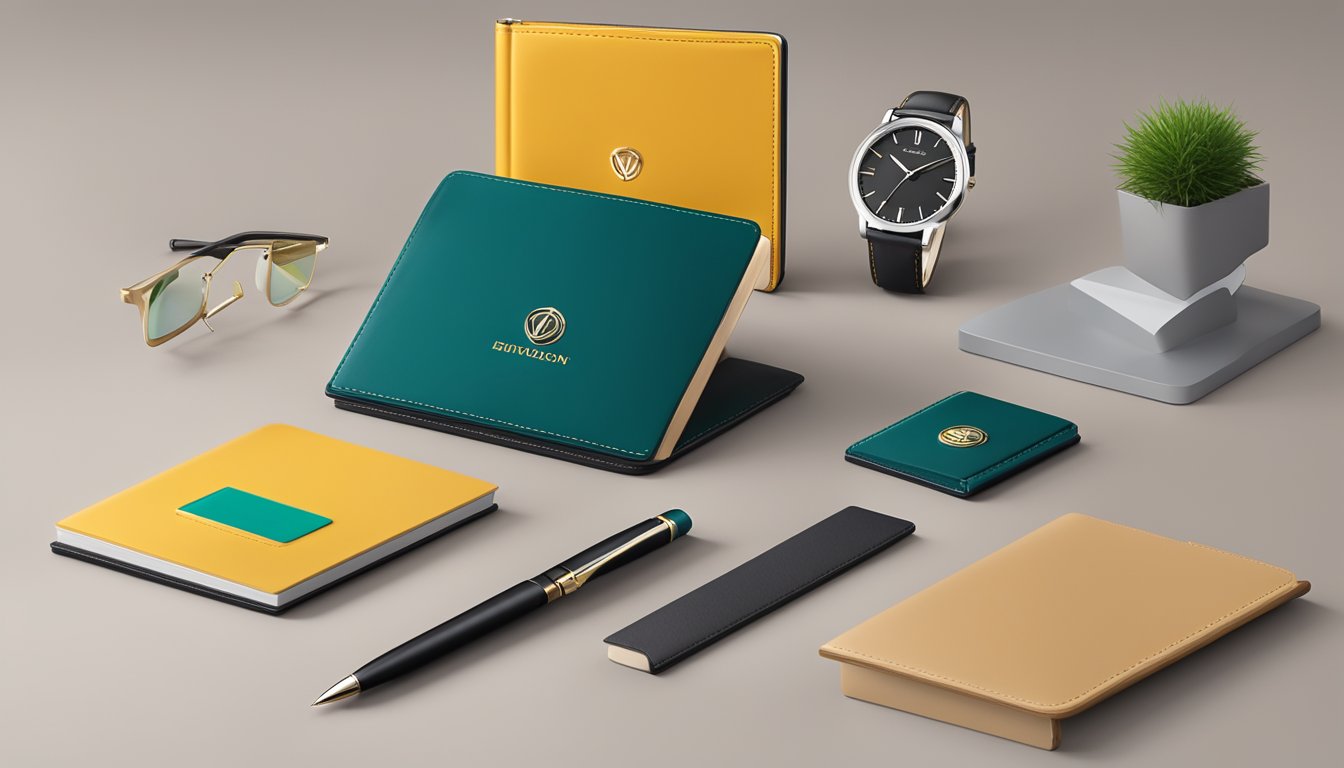 A sleek office desk with a branded pen set, leather notebook, and elegant desk clock. The company logo prominently displayed on each item