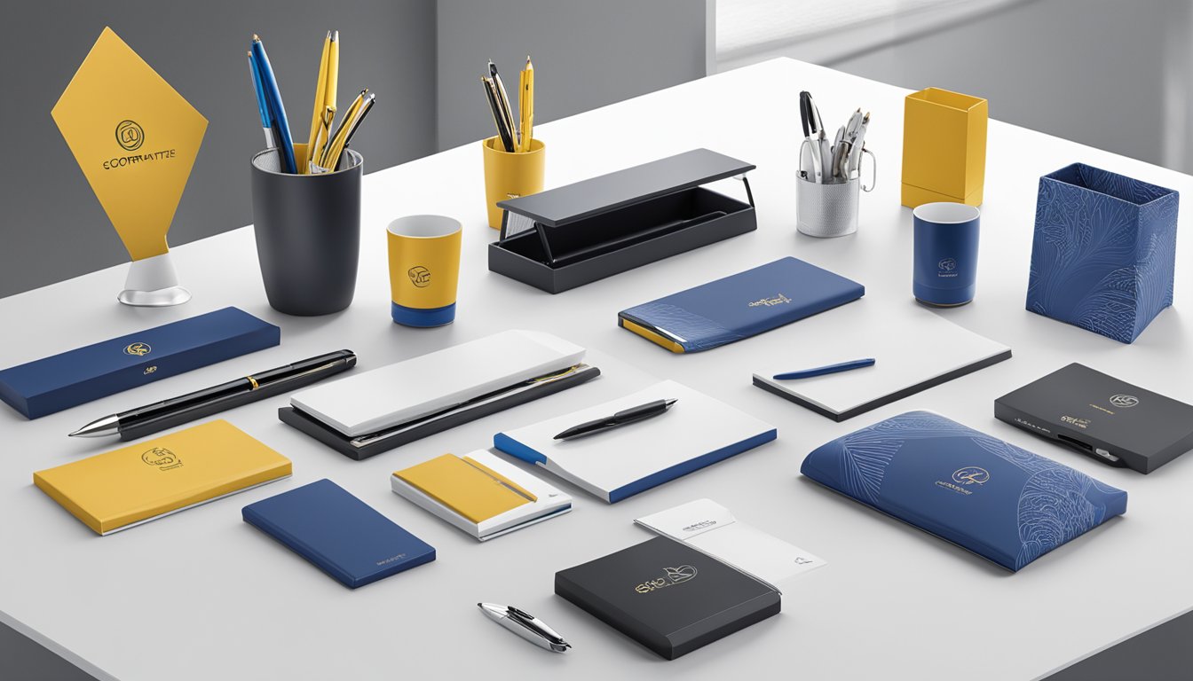 A table displays a variety of corporate gifts - from branded pens to elegant desk accessories. The backdrop features the SGCorporateGifts.com logo and a sleek, modern office setting