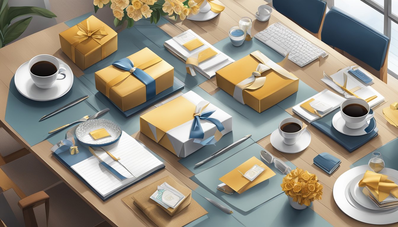 A table adorned with elegant corporate gifts, showcasing quality and craftsmanship. The items are neatly arranged, with attention to detail