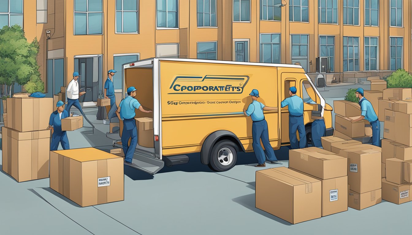A delivery truck parked outside a corporate office, with workers unloading boxes of corporate gifts labeled "SGCorporateGifts.com."