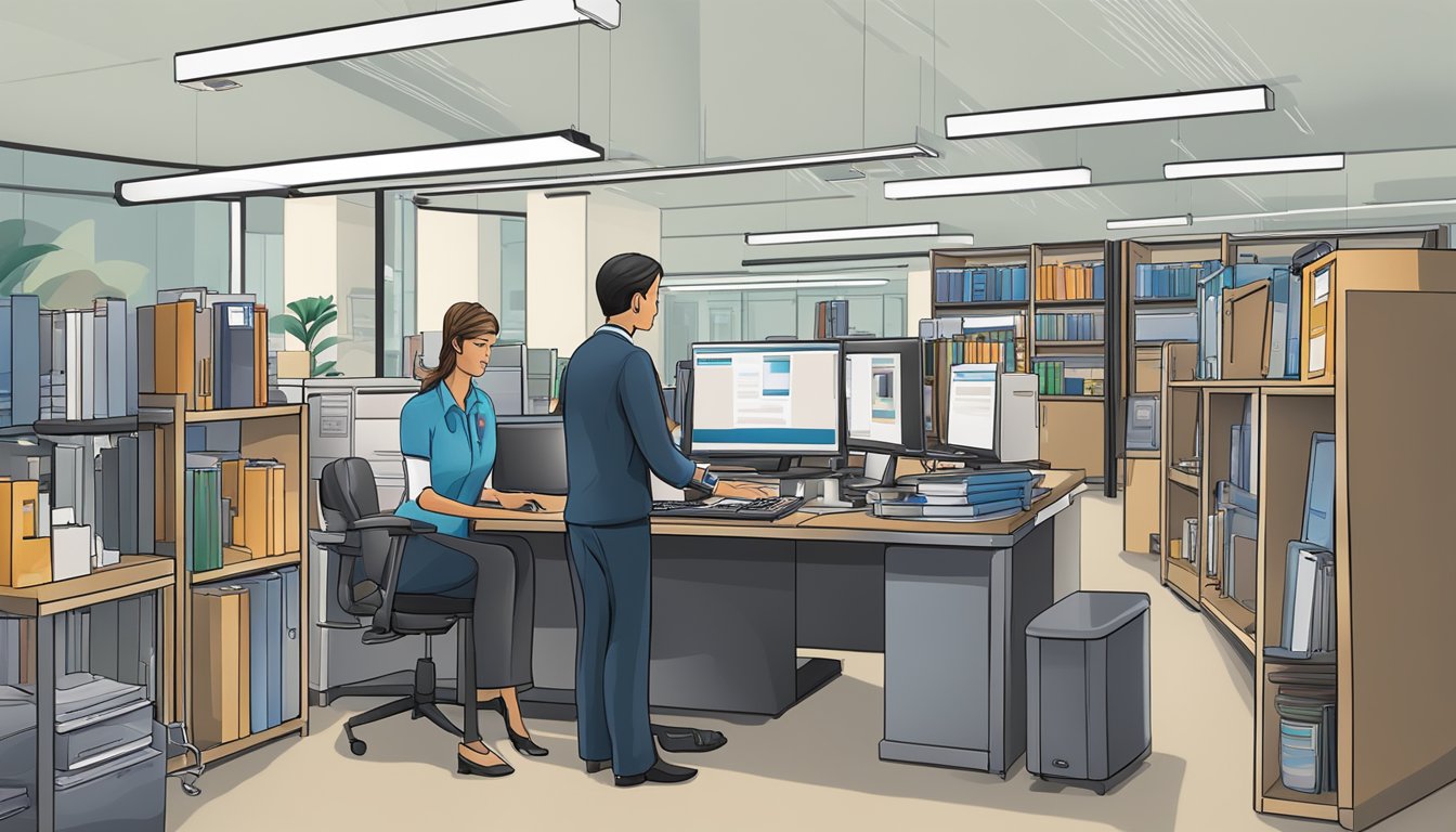 A customer service representative assists a client with SGCorporateGifts.com corporate gifts, surrounded by branded merchandise and a computer workstation
