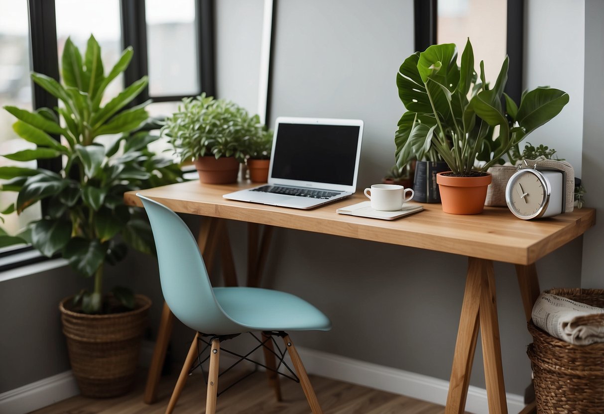 A stylish desk with a laptop, colorful stationary, and a potted plant. A cozy chair, bookshelf, and natural light complete the home office