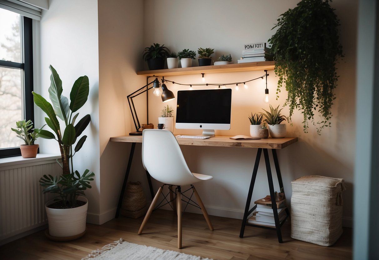 A cozy home office with a modern desk, inspirational wall art, soft lighting, and plants. Feminine decor and organization