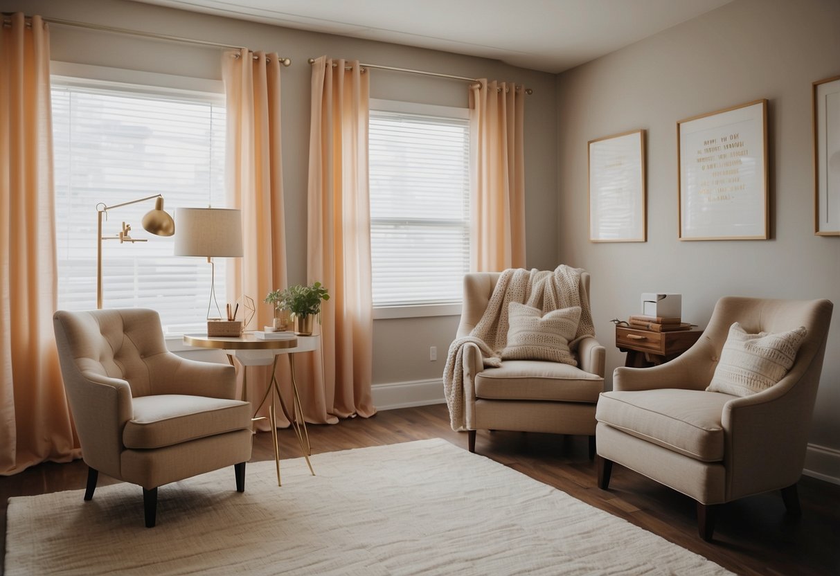 A cozy throw blanket drapes over a stylish office chair in a bright, organized home office. A desk with feminine decor and motivational quotes completes the inviting space