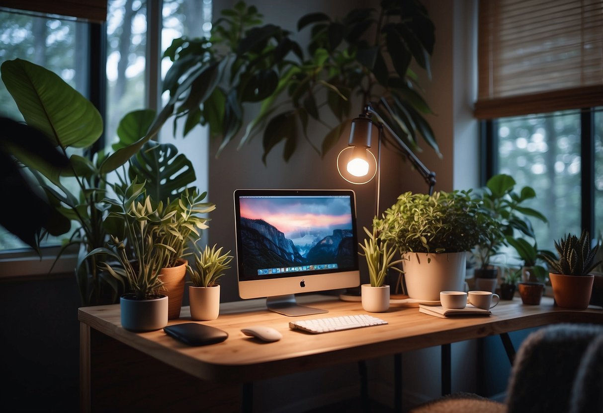 A woman's home office with blue light glasses, plants, cozy chair, desk, laptop, and natural light