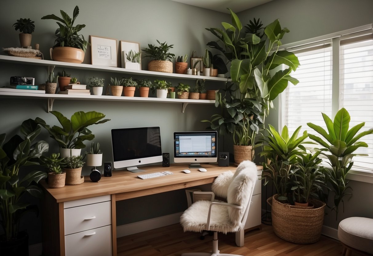 A woman's home office with noise-canceling headphones on the desk, surrounded by plants, books, and a cozy chair