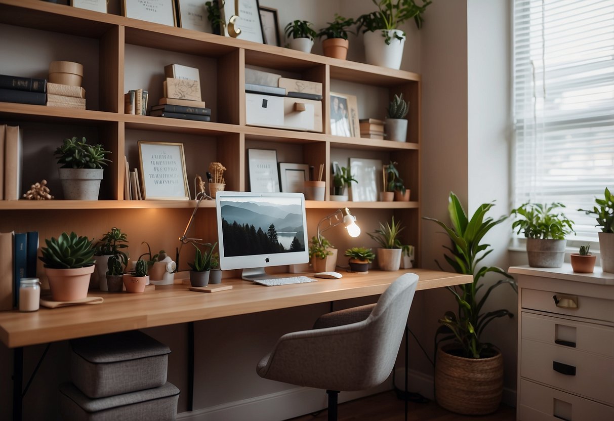 A cozy home office with a desk, chair, plants, and feminine decor. A bulletin board with inspirational quotes and a calendar. Shelves with books and storage boxes. A laptop and stationery on the desk