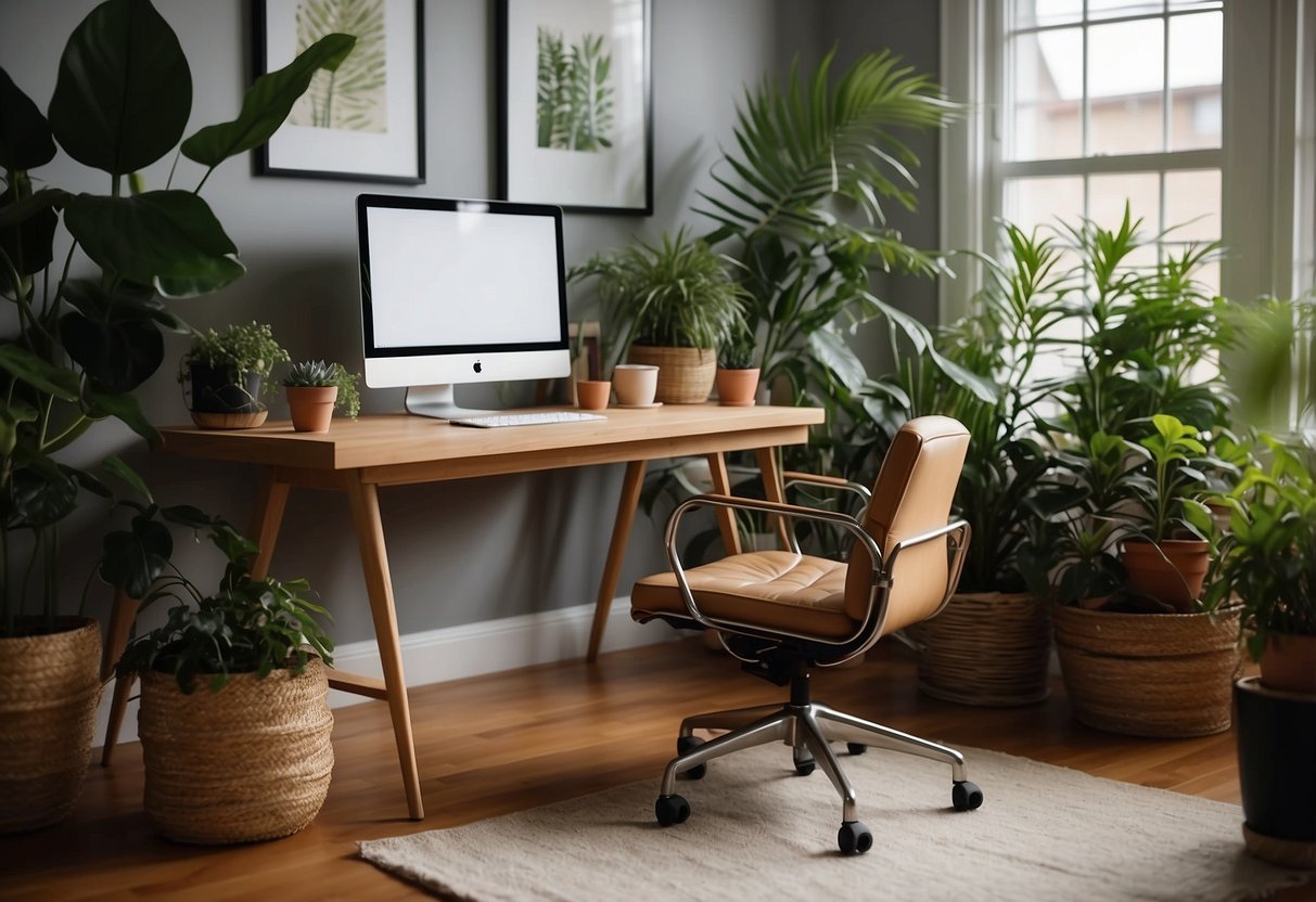 A cozy home office with a stylish foot rest, a desk, and a comfortable chair surrounded by plants and natural light