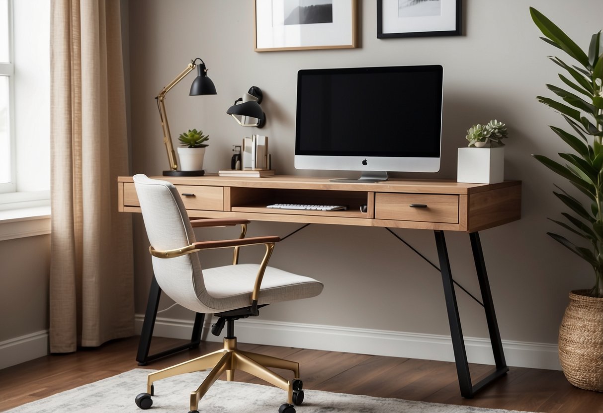 A tidy home office desk with a sleek cable management box, surrounded by feminine decor and accessories