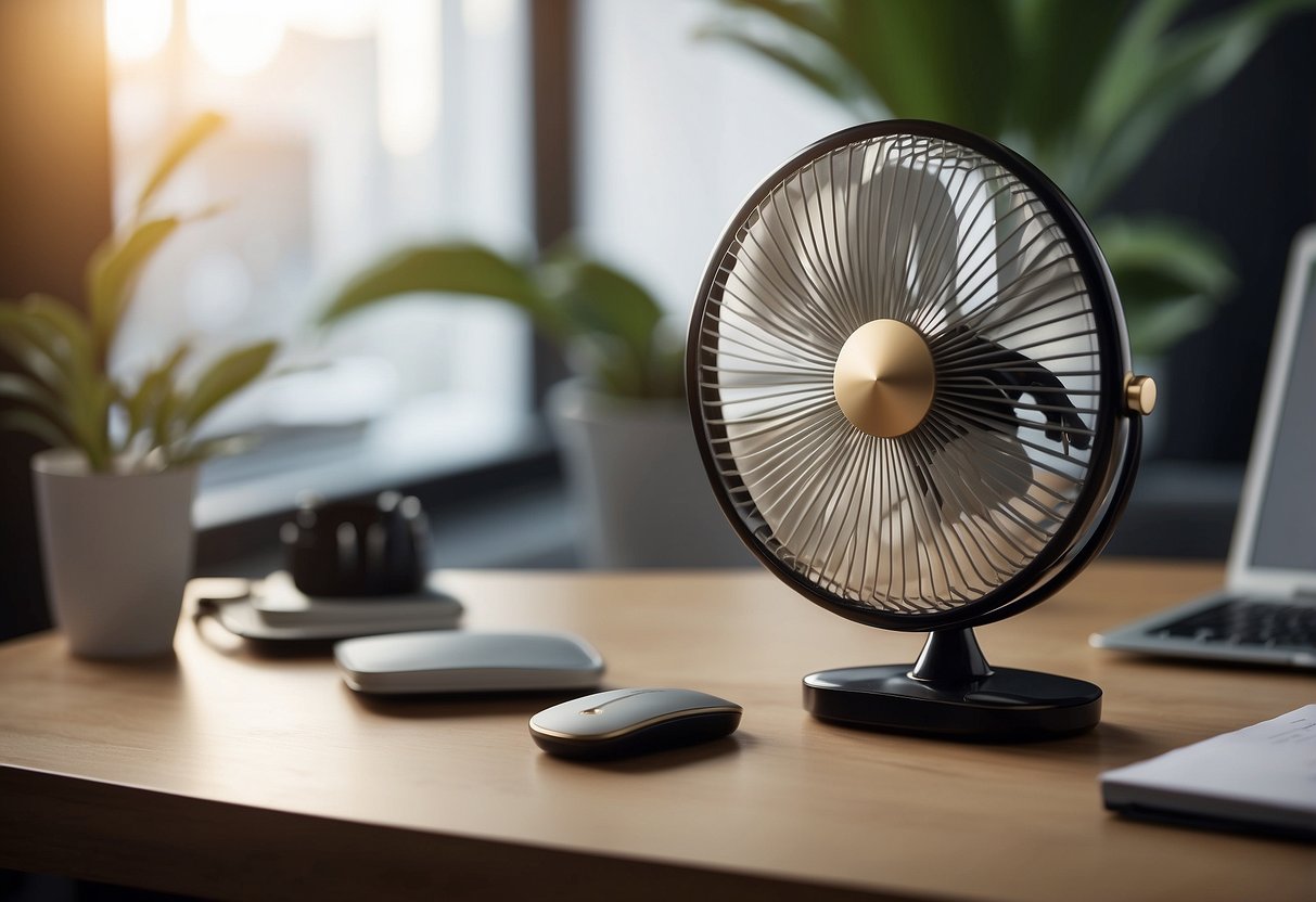 A sleek desk fan sits on a modern desk surrounded by feminine office decor and accessories. The fan is turned on, with its blades spinning to create a cool breeze in the stylish home office