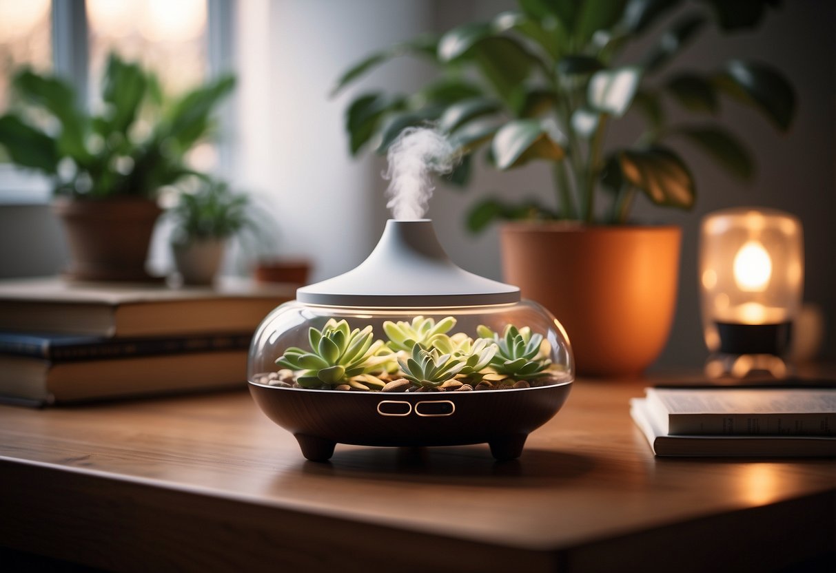 An aromatherapy diffuser sits on a desk in a cozy home office, surrounded by plants, books, and soft lighting. A warm and inviting atmosphere perfect for relaxation and focus