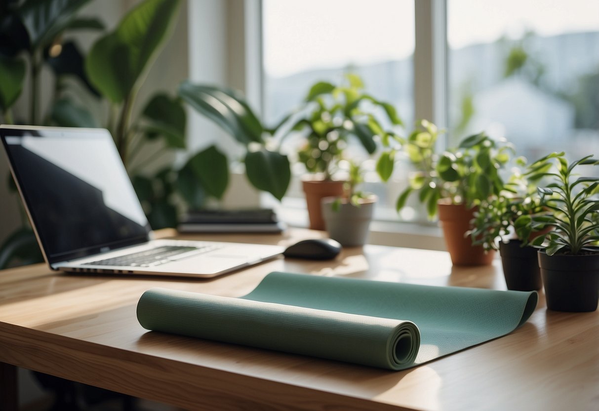 A yoga mat placed in a bright, airy home office with plants, natural light, and a desk with a laptop and journal