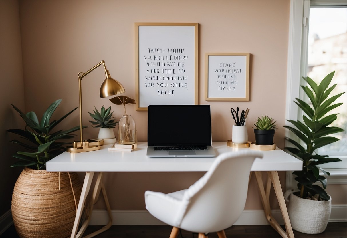 A modern, organized home office with a sleek laptop stand surrounded by feminine decor and inspirational quotes