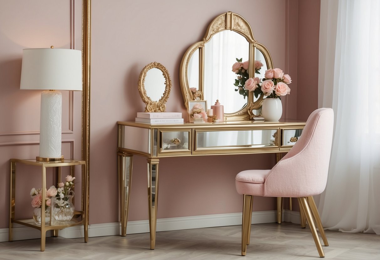 A stylish desk with a mirror, surrounded by feminine decor and office supplies. Feminine color scheme and elegant accessories