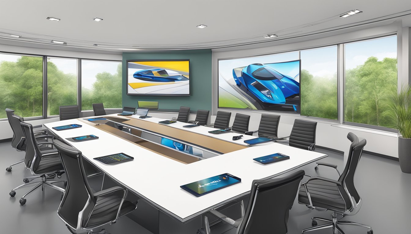 A conference table with branded corporate gifts on display for review