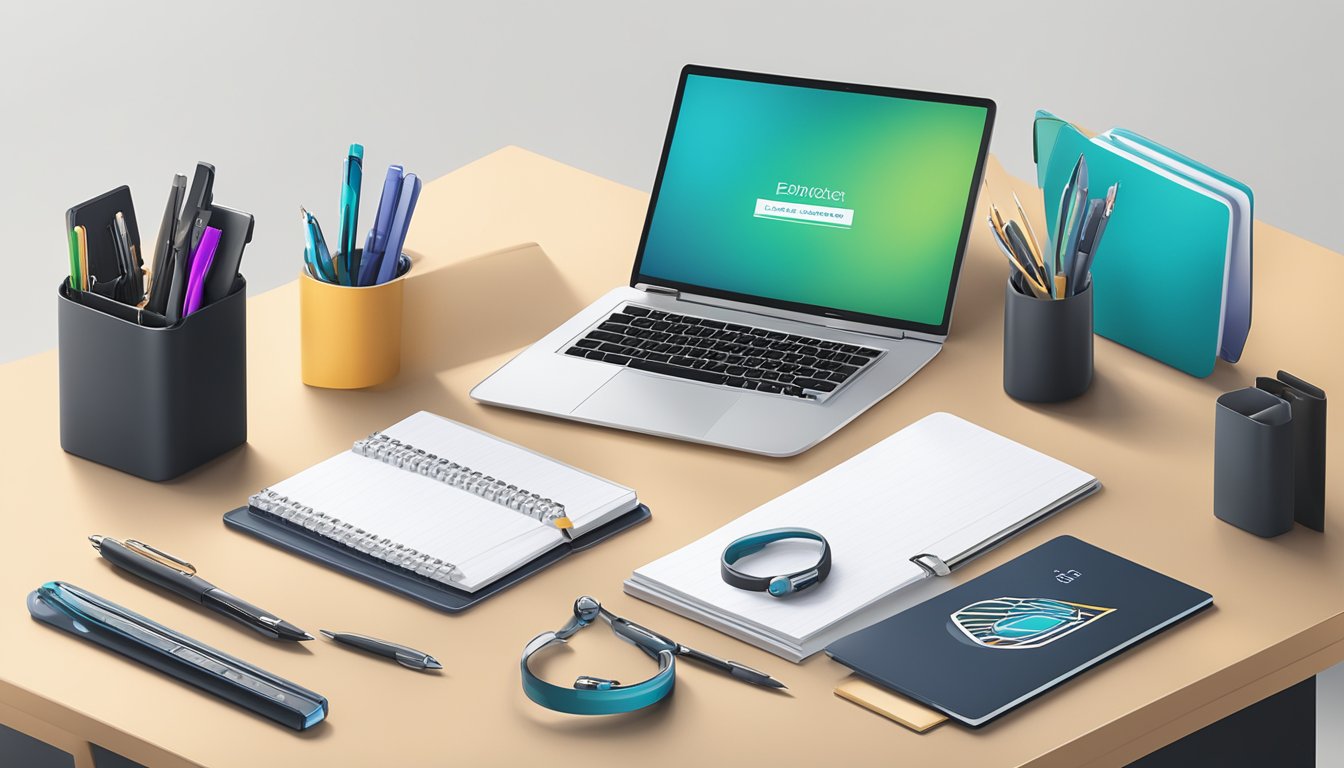 A sleek office desk with branded corporate gifts displayed neatly, including pens, notebooks, and electronic gadgets. The company logo is prominently featured on each item